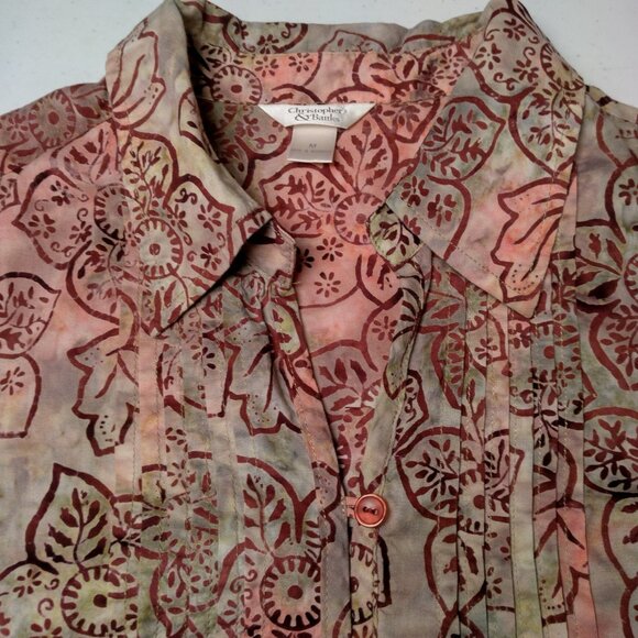 Christopher & Banks Blouse Shirt Medium Batik Floral Brown Pink Hippie Fairy - Picture 10 of 16